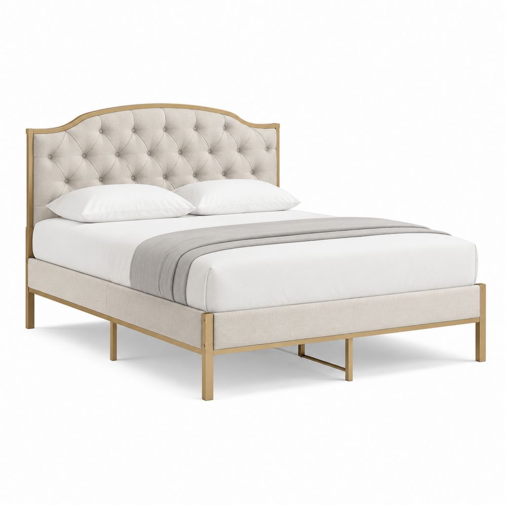 Polsterbett Beige mit goldfarbenem Stahlgestell 160 x 200 cm