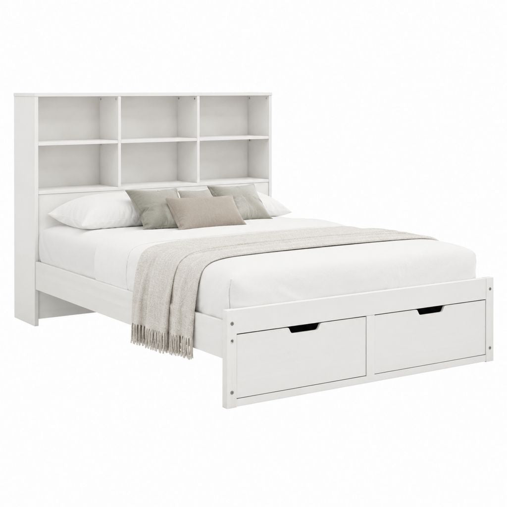 Stauraumbett Doppelbett Weiß aus melaminbeschichteter Spanplatte mit Regal Kopfteil und 2 Schubladen 160 x 200 cm