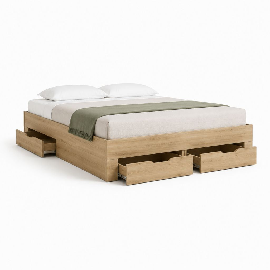 Stauraumbett Doppelbett Eiche hell Spanplatte rechteckig mit 4 Schubladen 160 x 200 cm