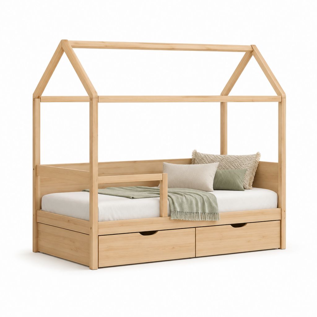Kinderbett Hausbett Natur aus massivem Kiefernholz mit 2 Schubladen 90 x 200 cm