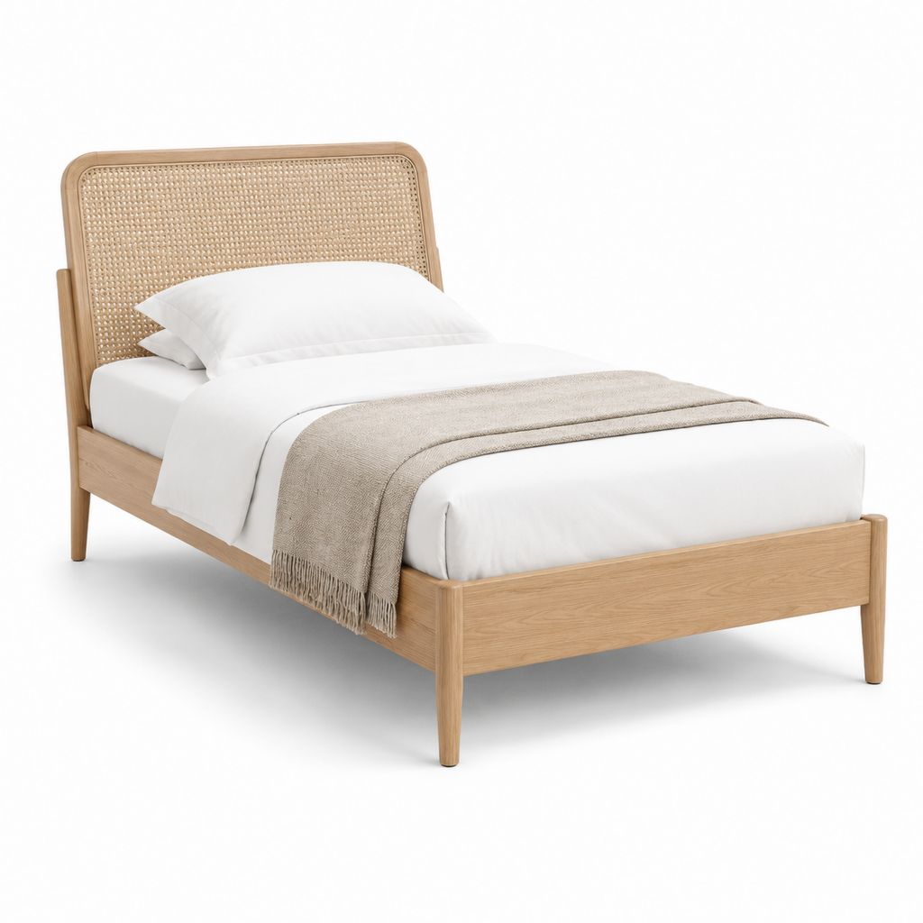 Einzelbettgestell Natur 90 x 200 cm aus Eichenholz mit Rattan-Kopfteil