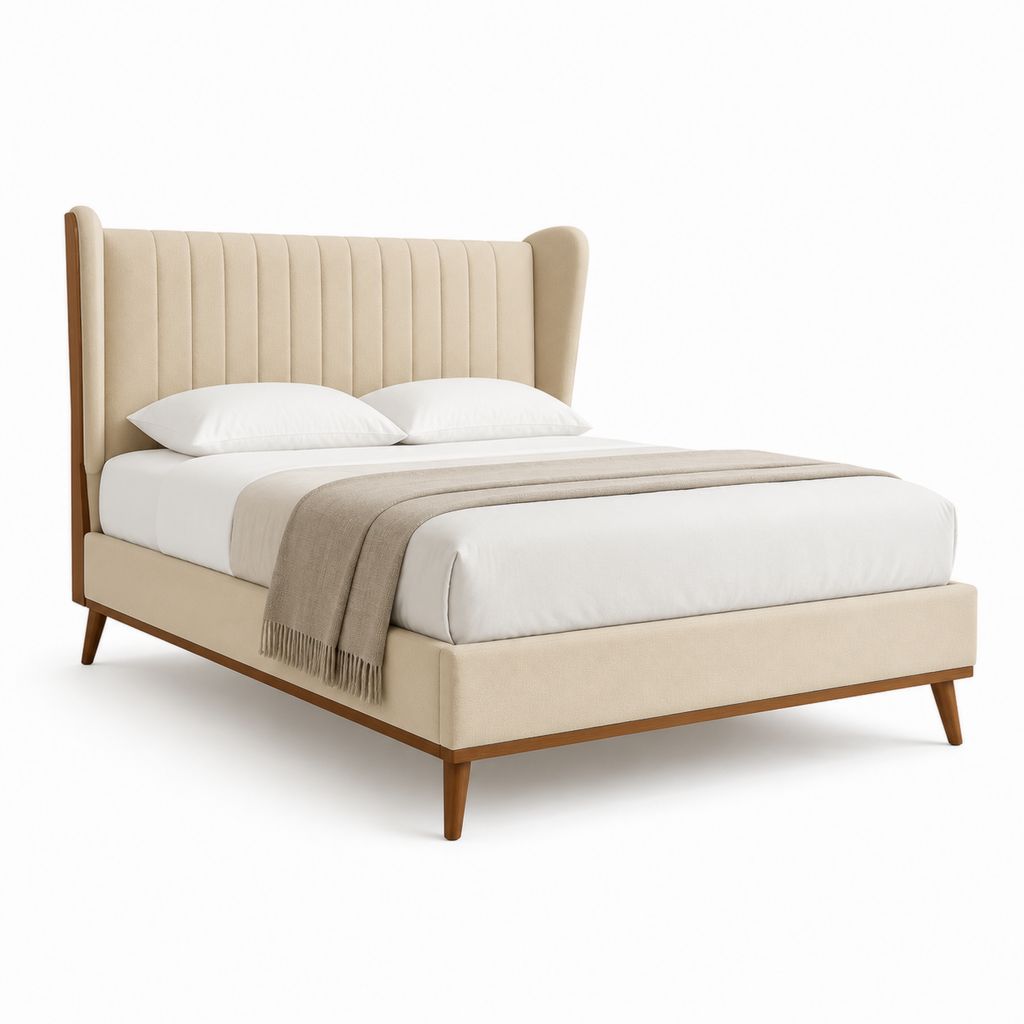 Polsterbett Doppelbett Beige mit Polyesterbezug und Holzrahmen 180 x 200 cm