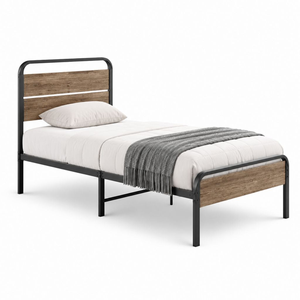 Metallbett Einzelbett Schwarz Braun aus Stahl und Spanplatte 90 x 200 cm